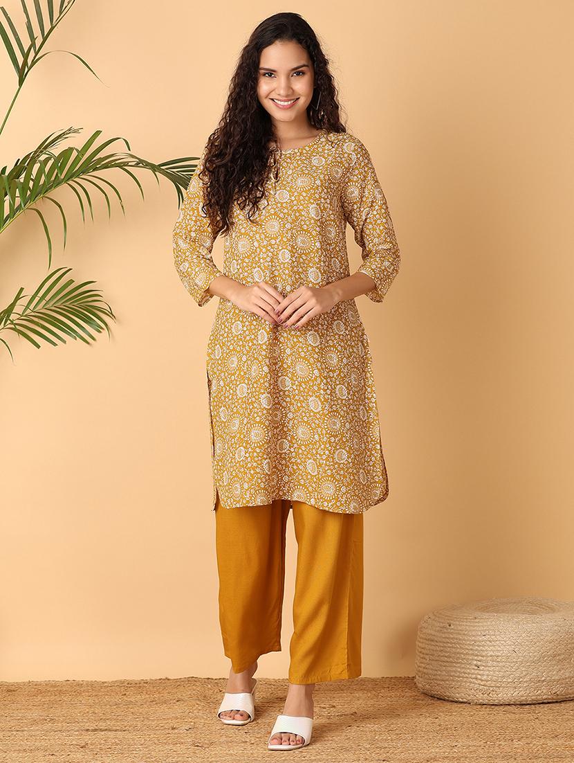 women floral tie-up neck kurta palazzo set
