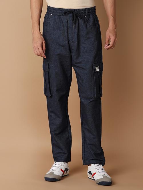 navy blue solid cargos casual trouser - 21308530 - Standard Image - 0