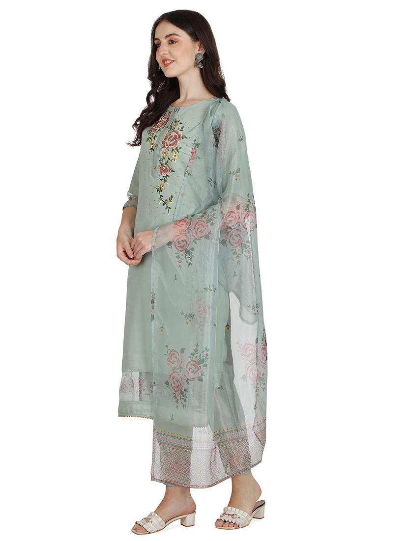 green cotton blend kurta dupatta set - 21308768 - Standard Image - 1