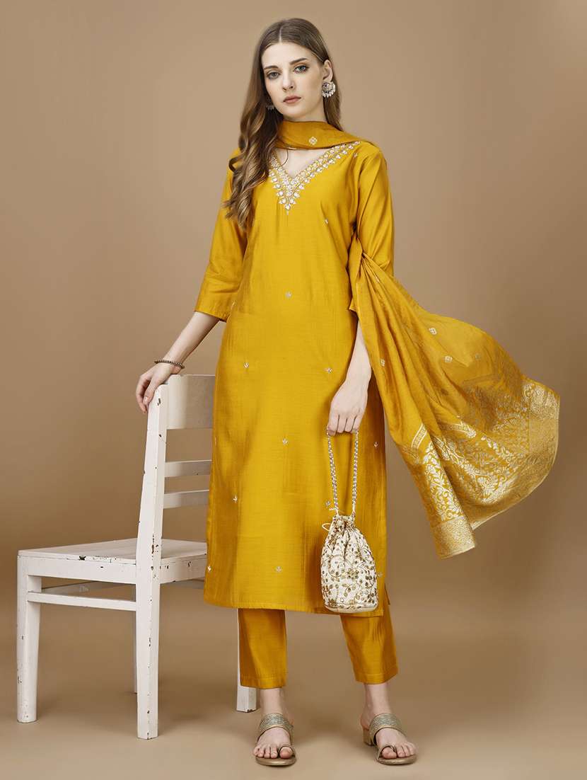 women mustard kurta dupatta set