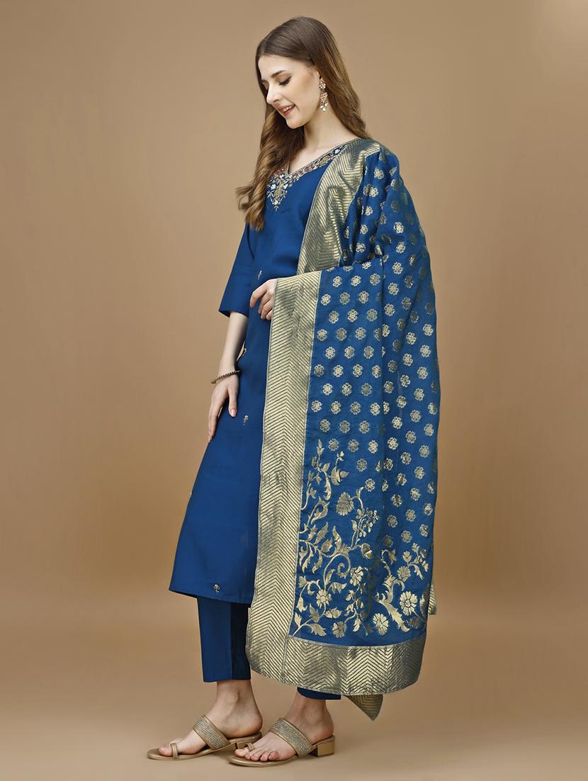 navy blue chanderi kurta dupatta  set - 21308781 -  Standard Image - 1