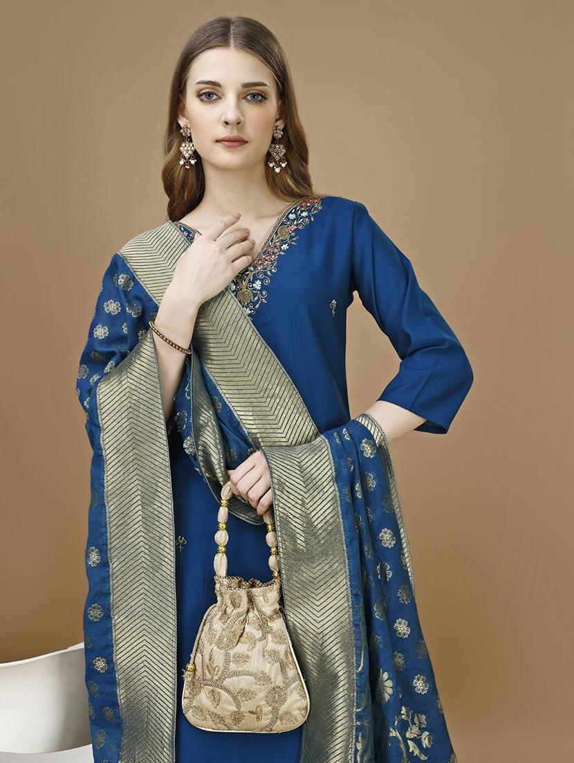 navy blue chanderi kurta dupatta set - 21308781 - Standard Image - 4