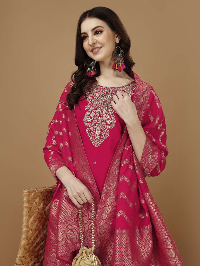women pink & mustard kurta dupatta set - 21308825 -  Standard Image - 4