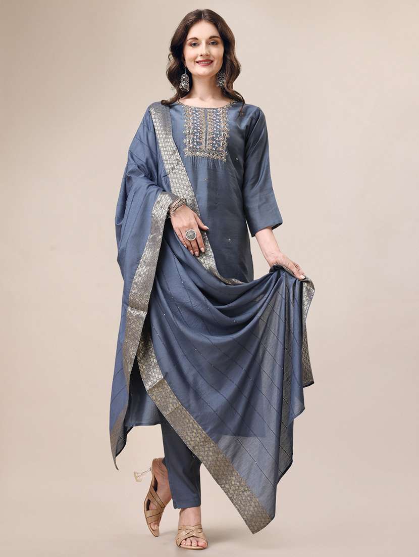 blue chanderi kurta dupatta  set