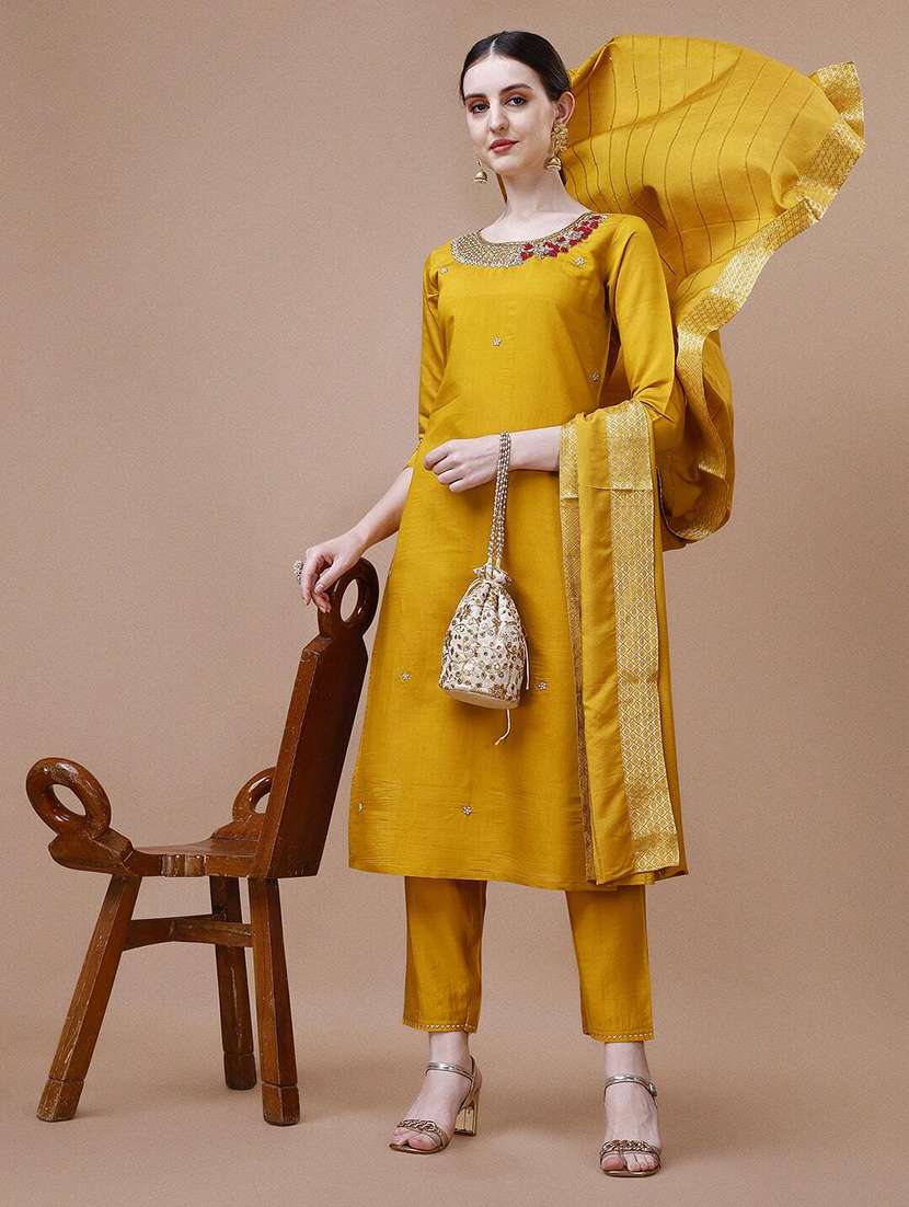 mustard chanderi kurta dupatta  set - 21308895 -  Standard Image - 1