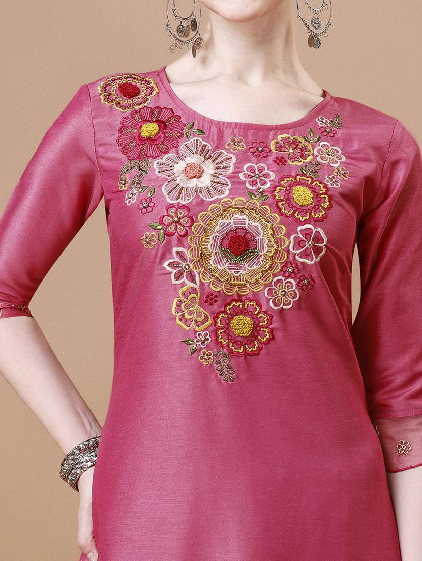 pink chanderi kurta dupatta  set - 21308911 -  Standard Image - 4