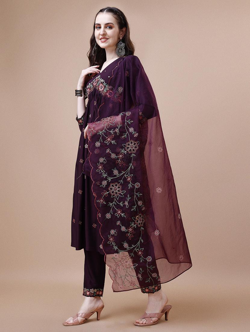 maroon chiffon kurta dupatta  set - 21308919 -  Standard Image - 1
