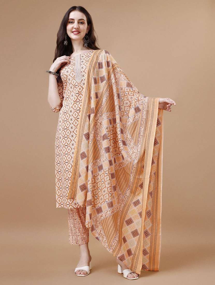 orange cotton kurta dupatta  set