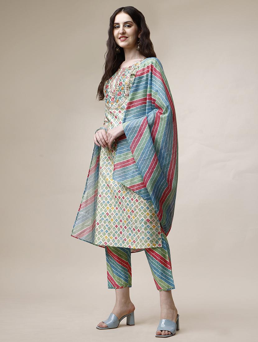 green chanderi kurta dupatta set - 21308987 - Standard Image - 1