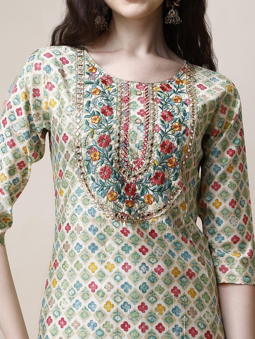 green chanderi kurta dupatta set - 21308987 - Standard Image - 4
