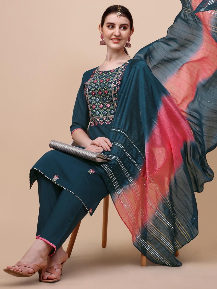 teal chanderi kurta dupatta  set - 21309016 -  Standard Image - 1