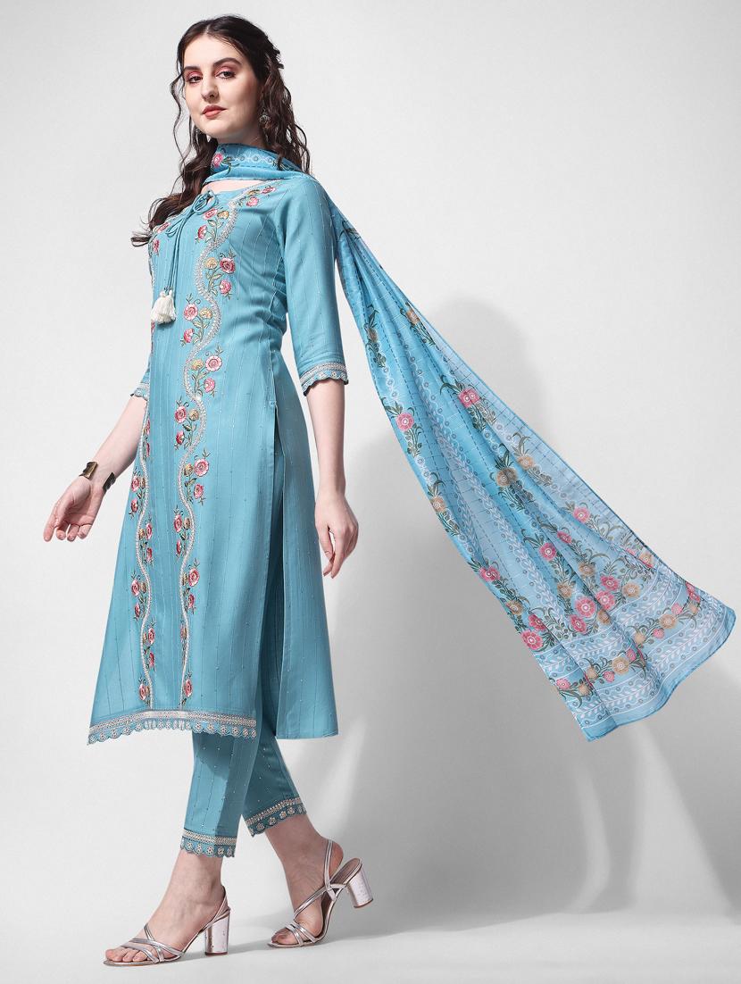 blue rayon kurta dupatta  set - 21309053 -  Standard Image - 1