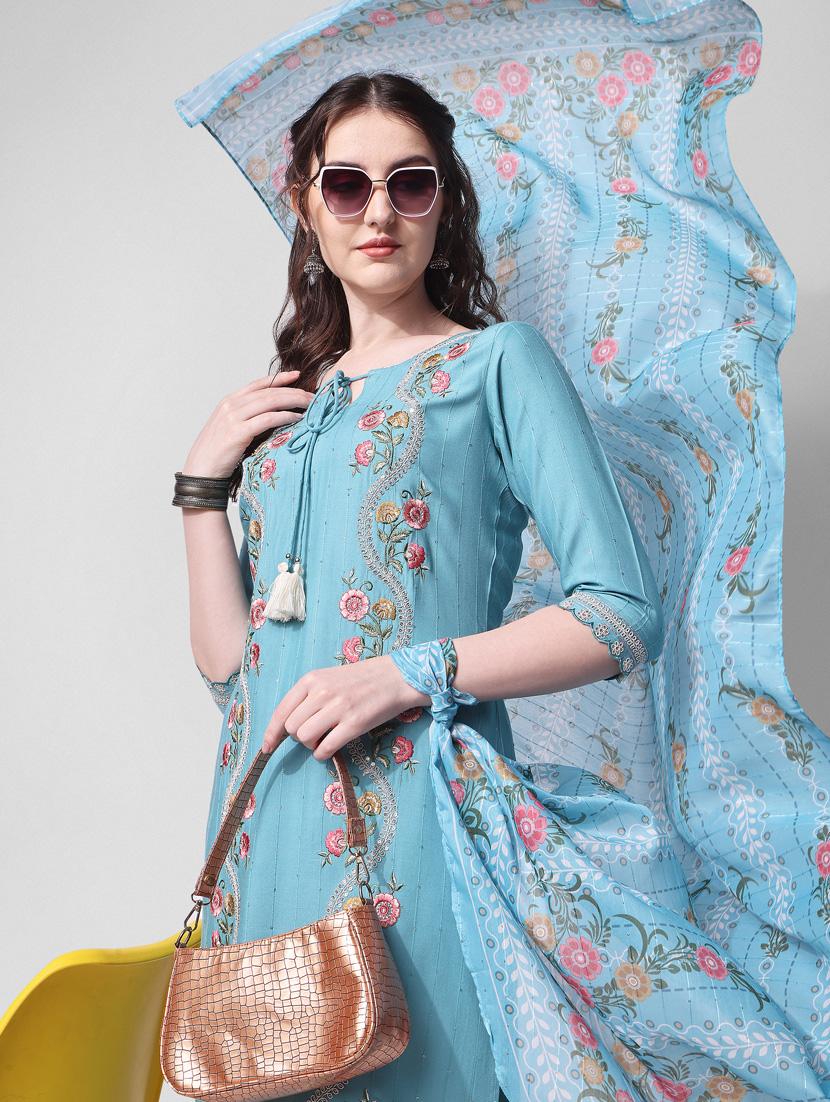 blue rayon kurta dupatta set - 21309053 - Standard Image - 4