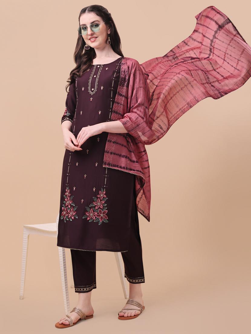 maroon chanderi kurta dupatta set - 21309058 - Standard Image - 1
