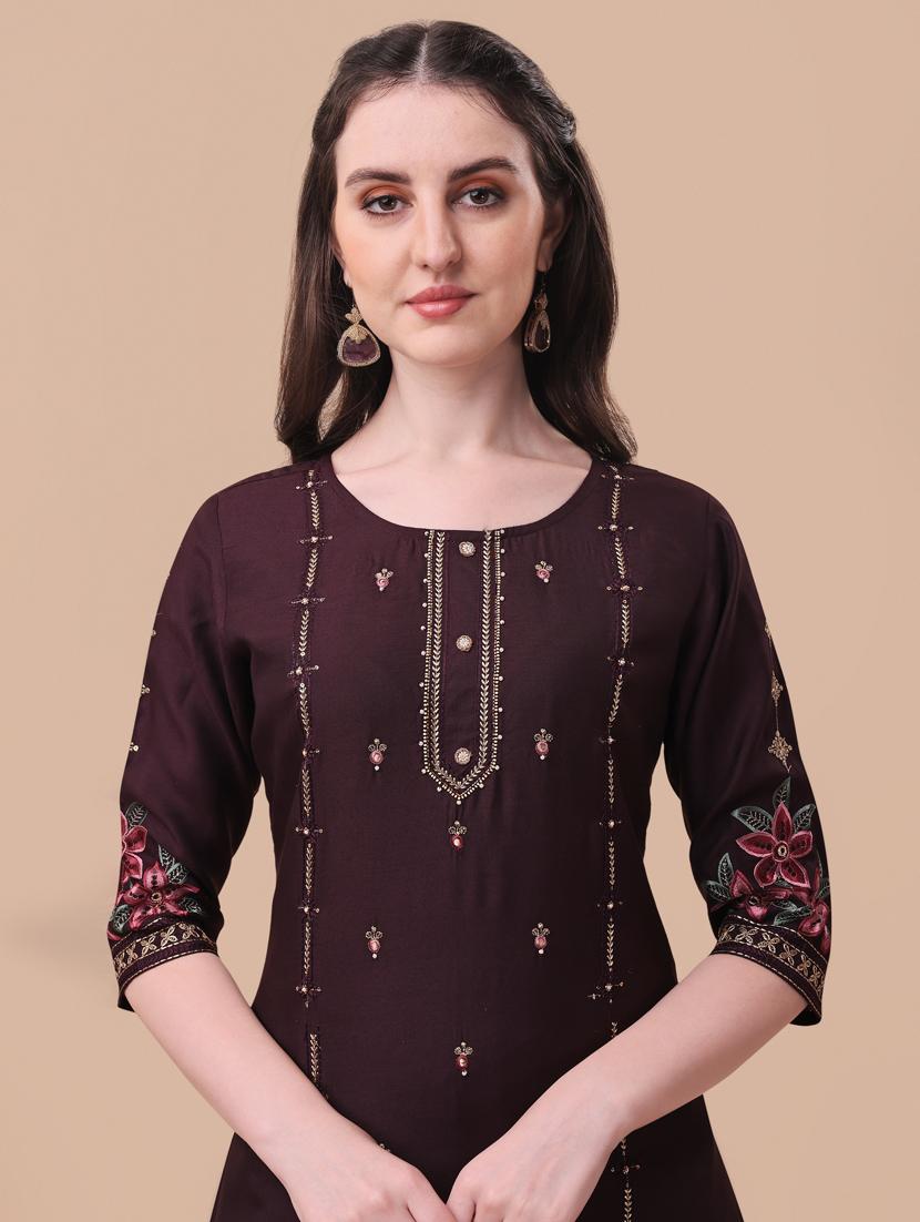 maroon chanderi kurta dupatta set - 21309058 - Standard Image - 4