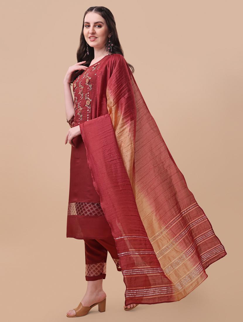 rust chanderi kurta dupatta  set - 21309065 -  Standard Image - 1