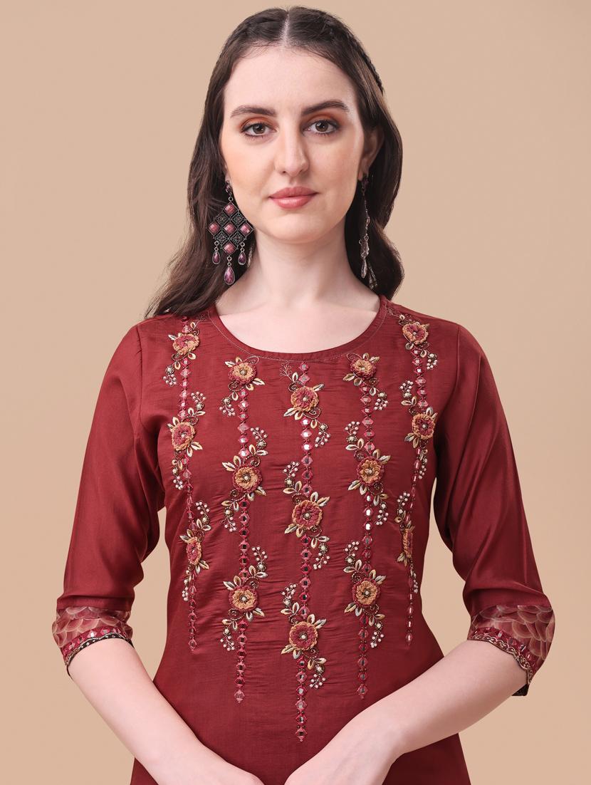rust chanderi kurta dupatta set - 21309065 - Standard Image - 4