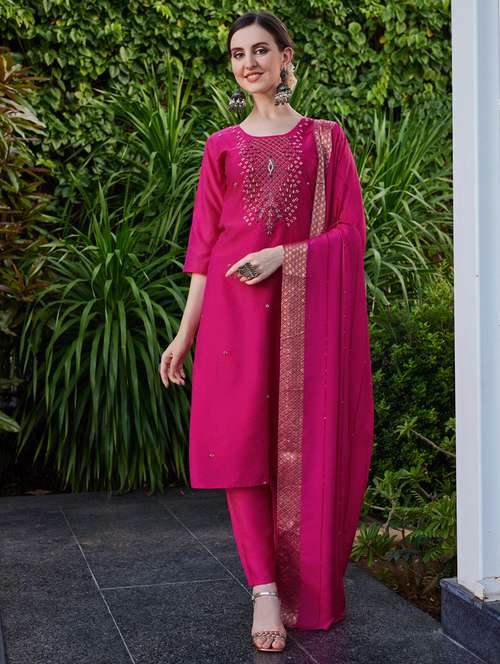 pink chanderi kurta dupatta  set - 21309085 -  Standard Image - 0