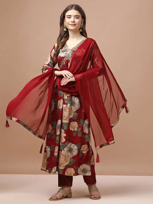 women maroon kurta dupatta set - 21309154 -  Standard Image - 0