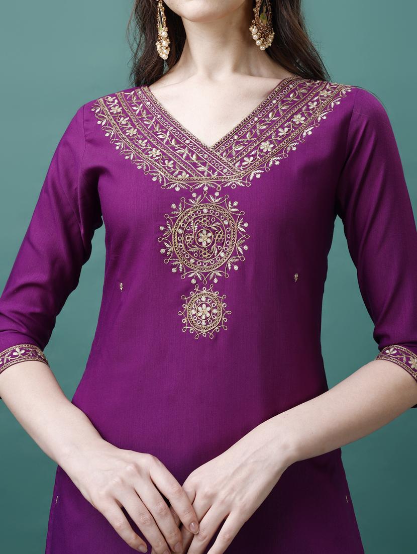 purple rayon kurta dupatta set - 21309174 - Standard Image - 4