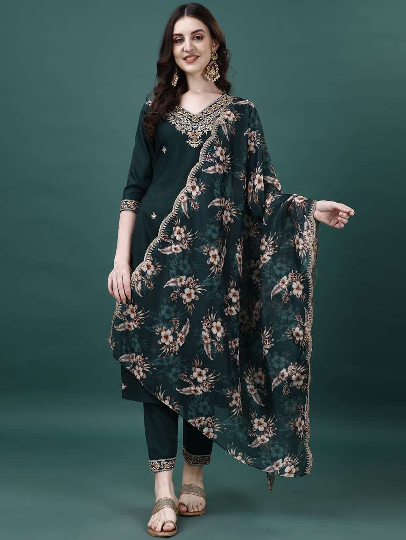 women three quarter sleeve kurta pant with dupatta set