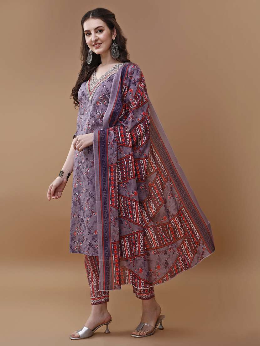 purple cotton kurta dupatta  set - 21309184 -  Standard Image - 1