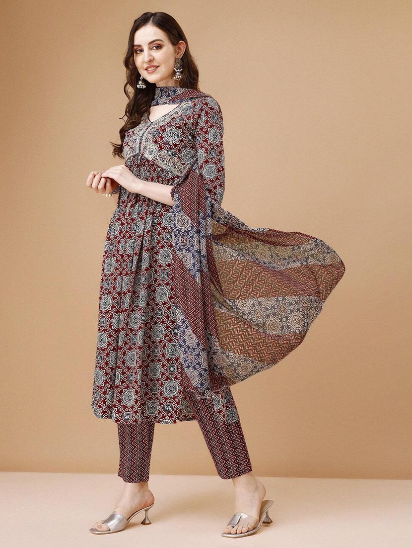 women maroon kurta dupatta set - 21309191 -  Standard Image - 1