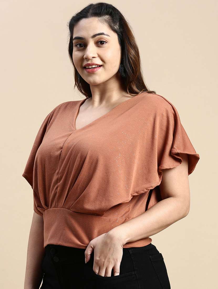 women brown crepe plus top - 21309331 -  Standard Image - 1