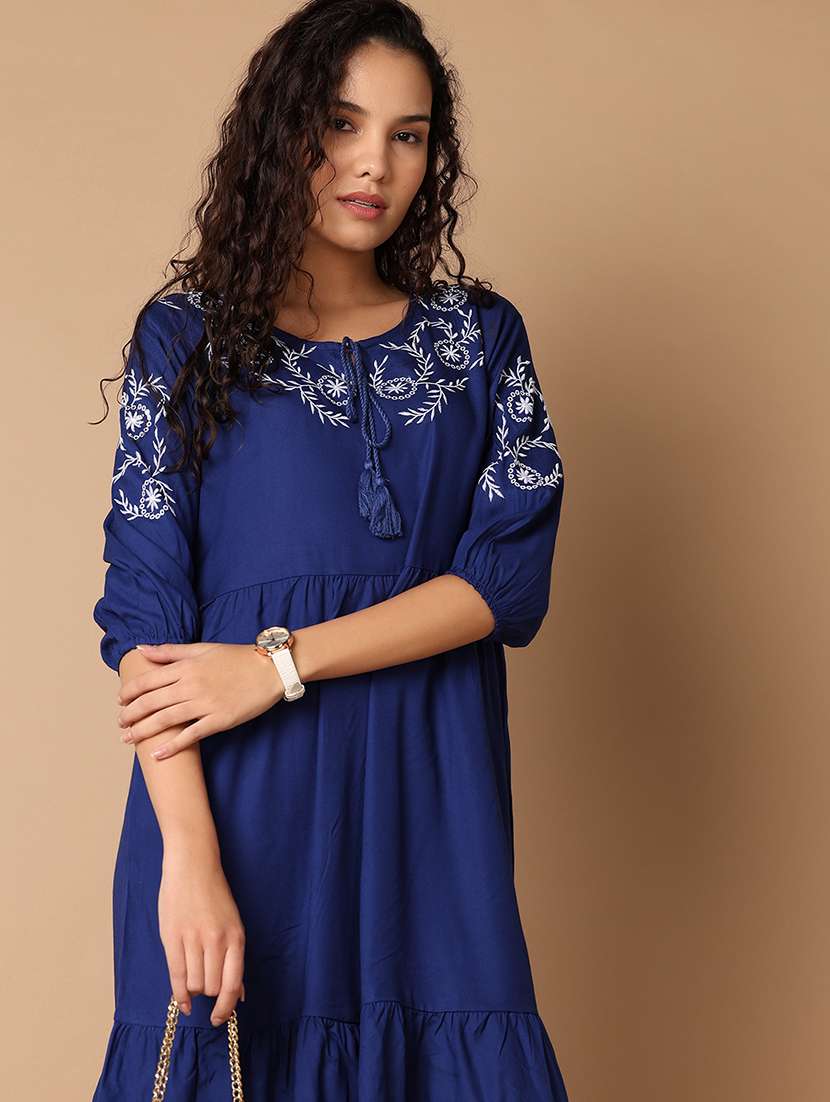 Women Navy Blue Rayon A Line Dress