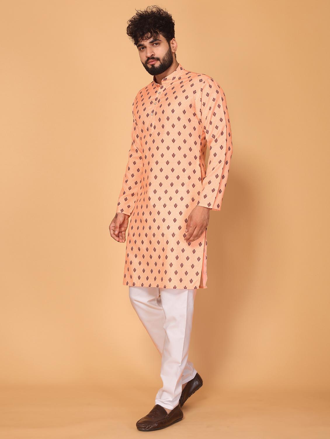 men orange printed long kurta - 21311159 - Standard Image - 1