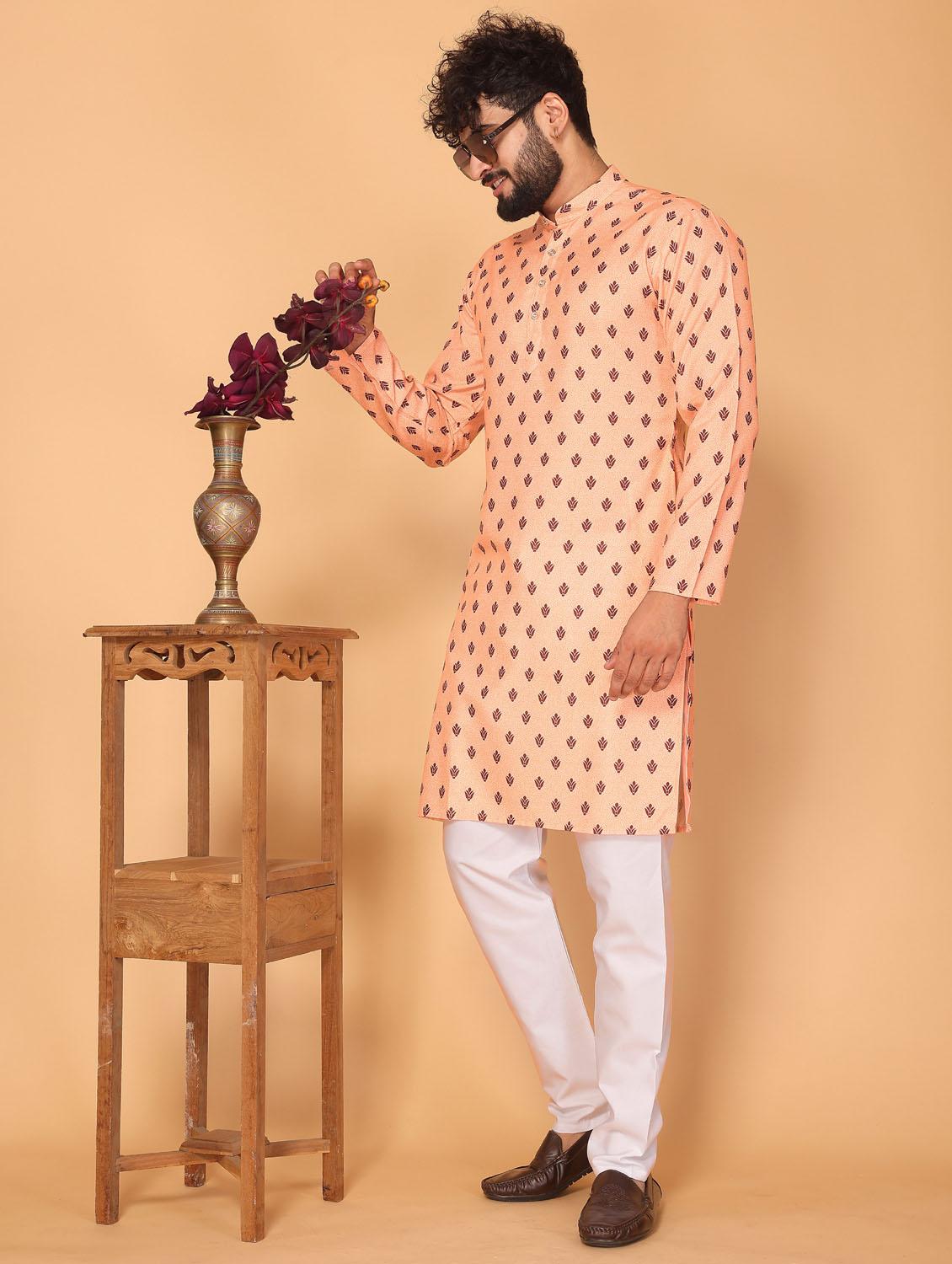 men orange printed long kurta - 21311159 - Standard Image - 4