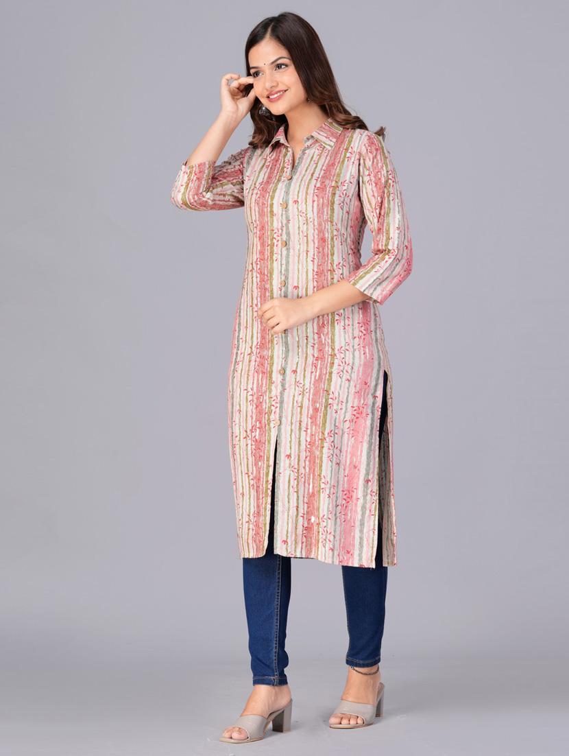 women three quarter sleeve straight kurta - 21313602 - Standard Image - 1
