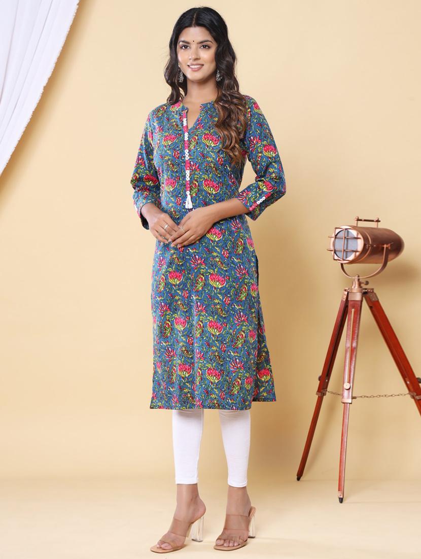 women three quarter sleeve straight kurta - 21313605 - Standard Image - 1