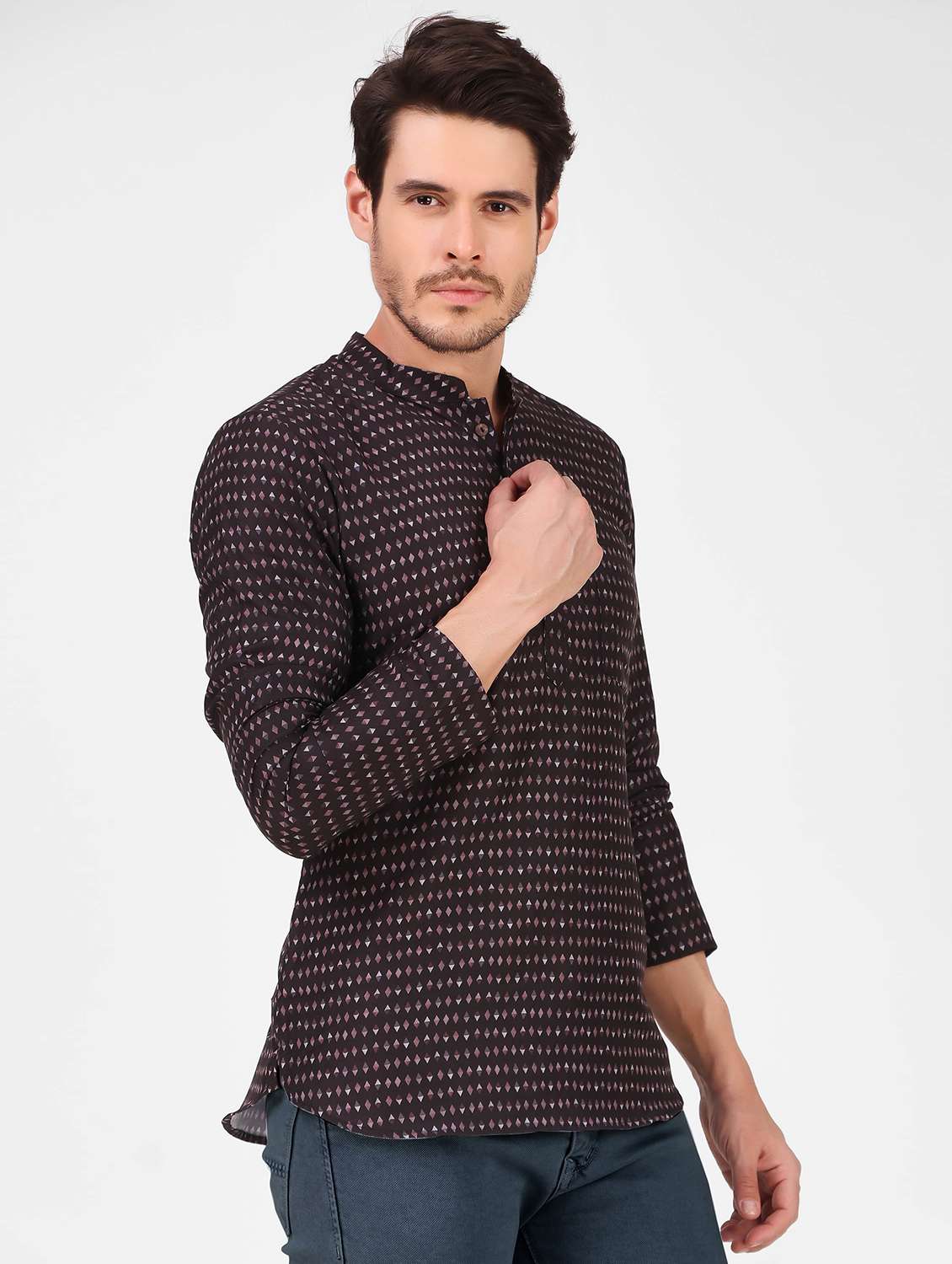 men printed mandrain neck short kurta - 21313755 -  Standard Image - 1