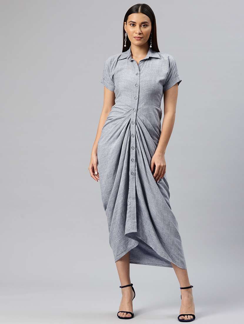 women solid collared front garthered dress