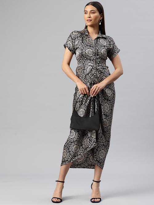 women solid collared front garthered dress - 21313882 - Standard Image - 0