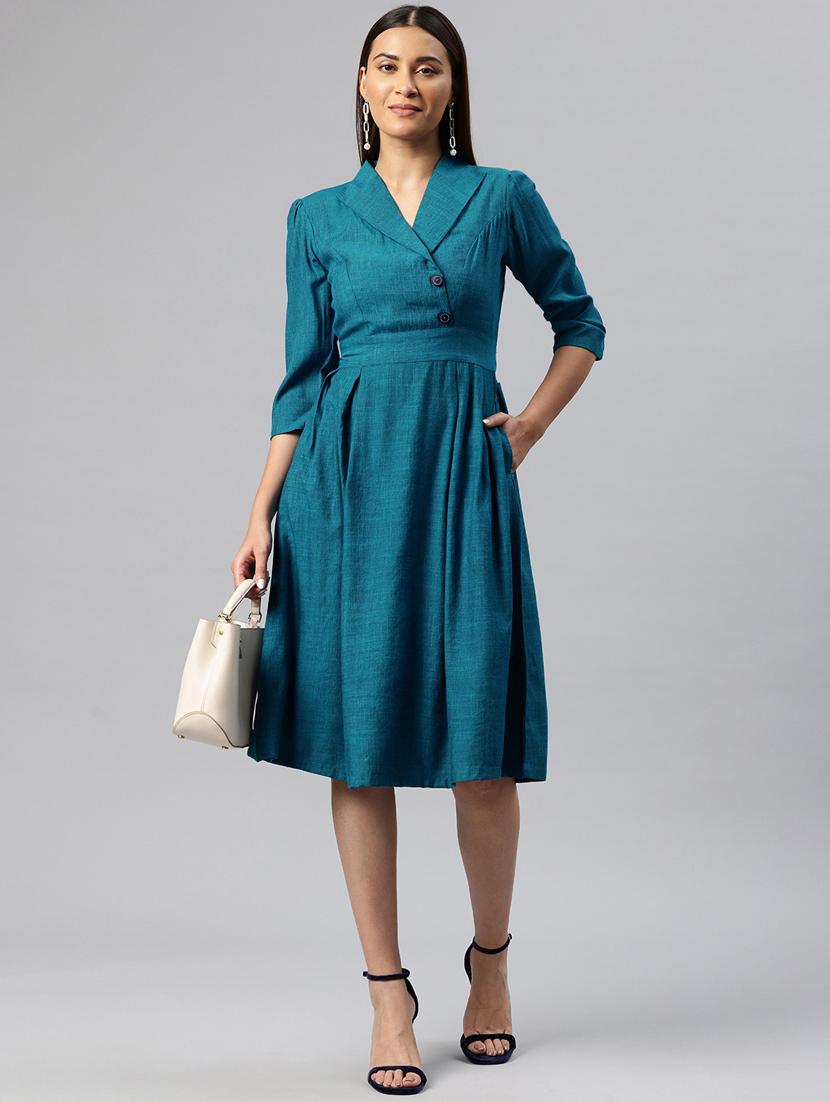 women solid overlap neck a-line dress - 21313885 - Zoom Image - 0