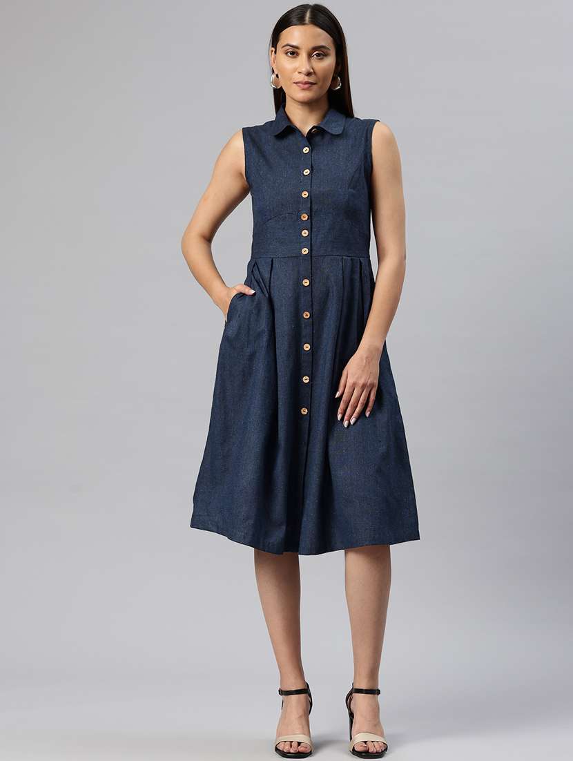 women solid collared sleeveless button down dress - 21313887 -  Standard Image - 1