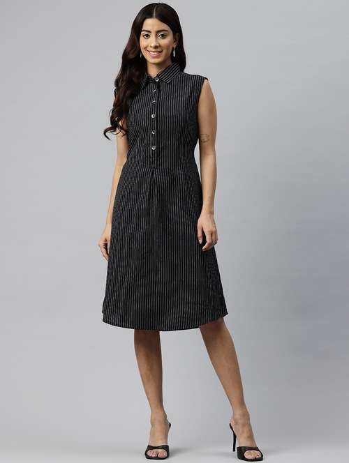women striped collared sleeveless a-line dress - 21313890 -  Standard Image - 0