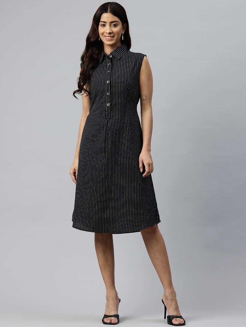 women striped collared sleeveless a-line dress