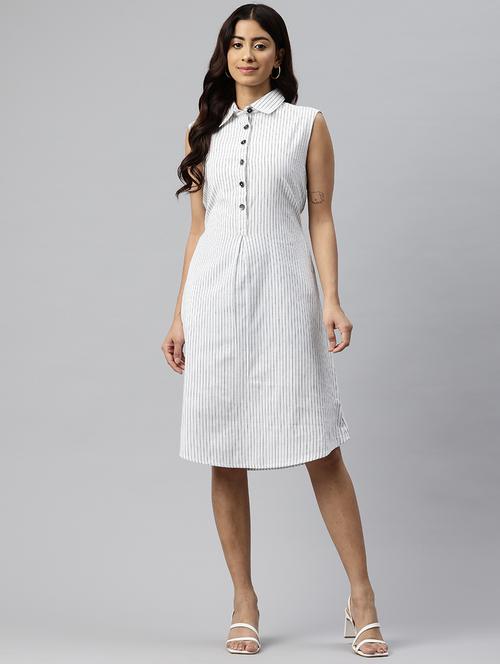 women striped collared sleeveless a-line dress - 21313891 - Standard Image - 0