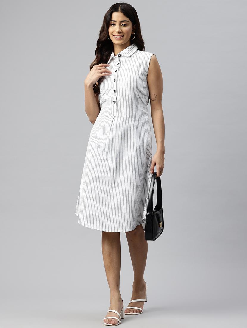women striped collared sleeveless a-line dress - 21313891 - Standard Image - 1