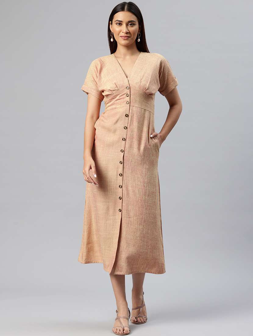 women solid button down a-line dress