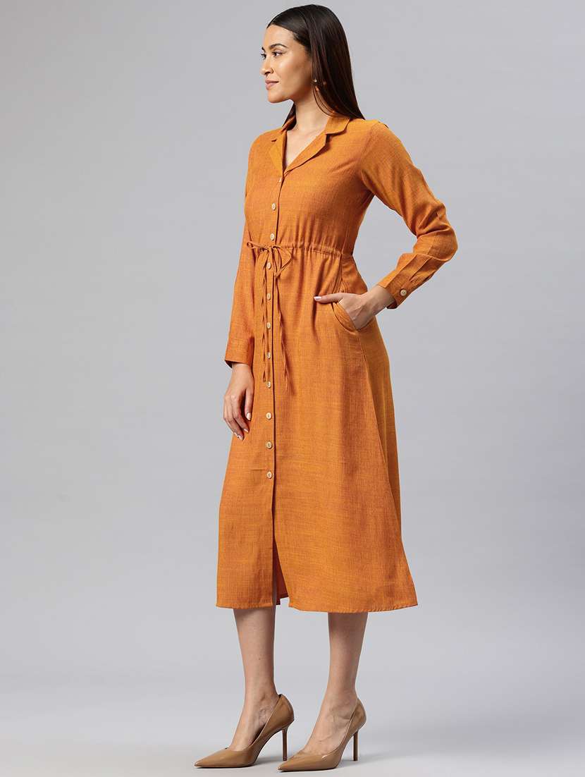 Women Solid Collared Button Down Shirt Dress