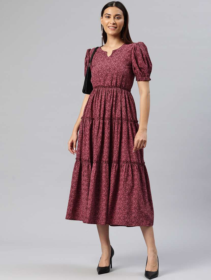 women printed puff sleeves tiered dress