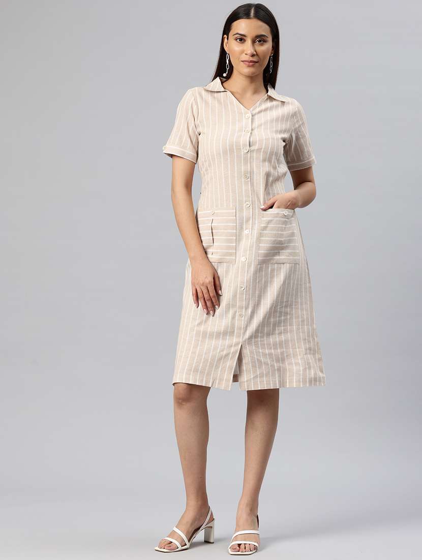 women striped collared button down shirt dress