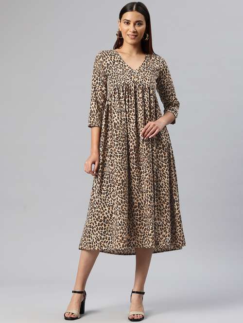 women animal print v-neck a-line dress