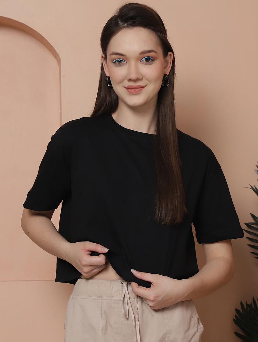 women solid crop oversized t-shirt - 21315086 -  Zoom Image - 0