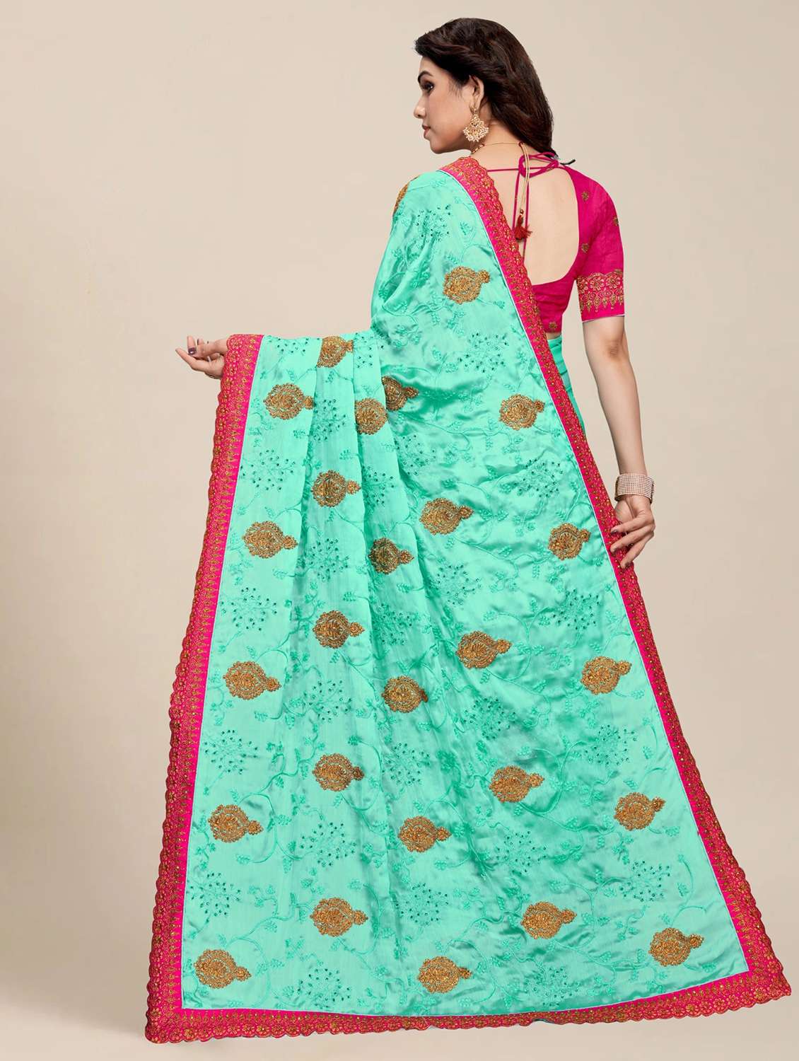 women sea green embroidered saree with blouse - 21317491 -  Standard Image - 1