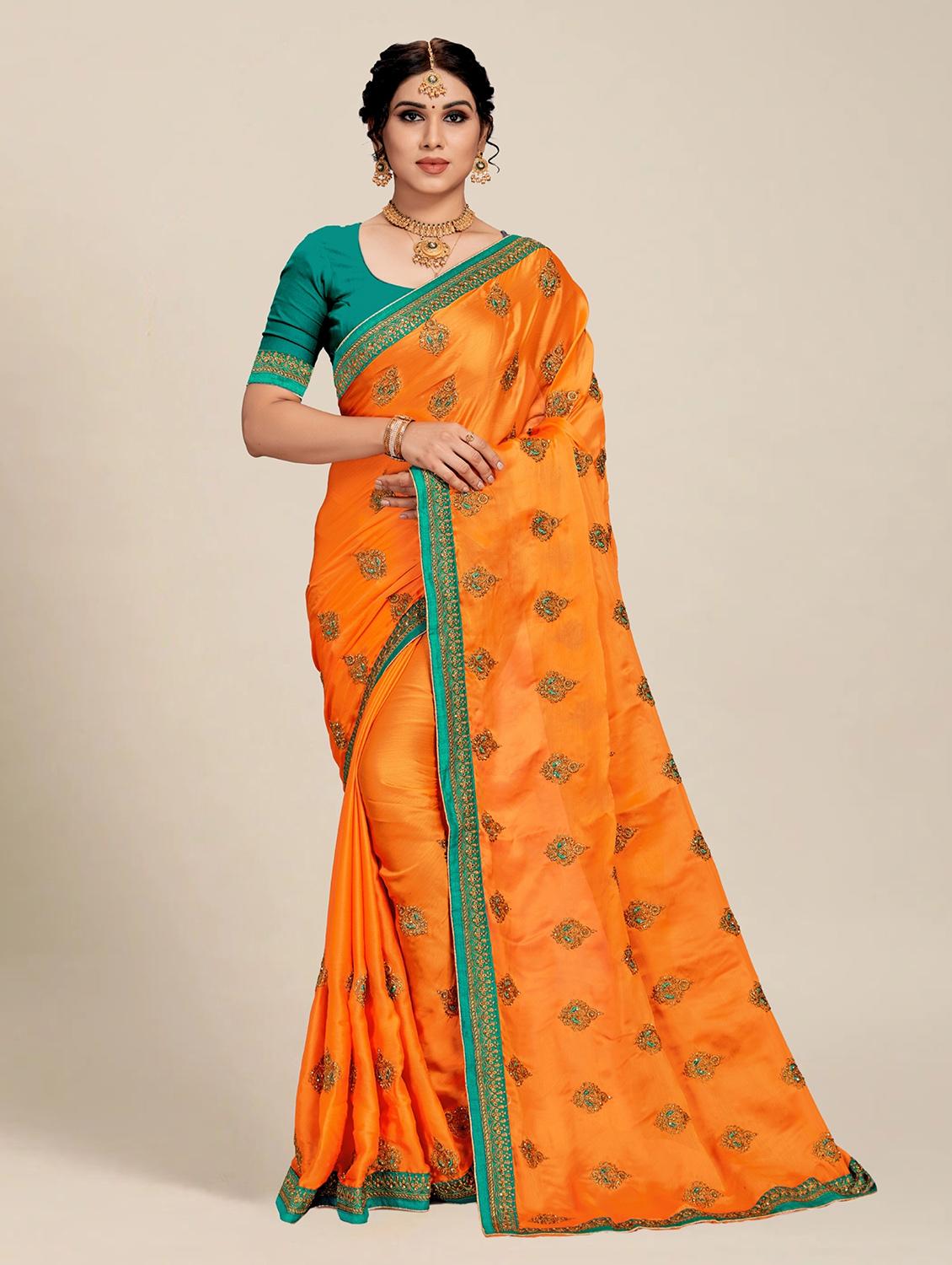 women mustard embroidered saree with blouse
